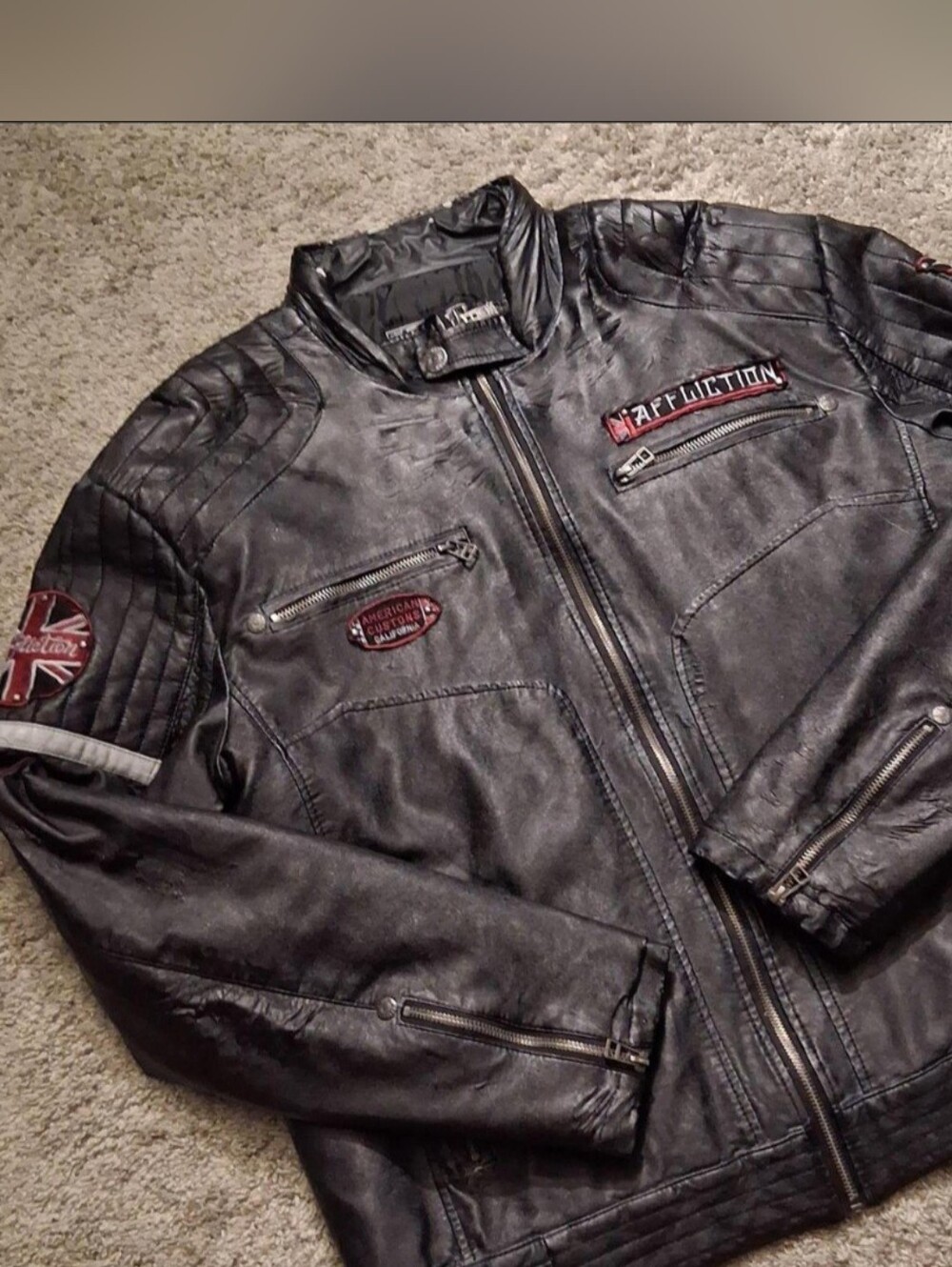 Affliction Men's Black Leather Bomber Jacket with Red Patches